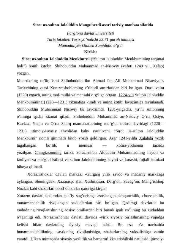 Sirоt us-sulton Jaloliddin Manguberdi asari tarixiy manba sifatida tarixiy badia
