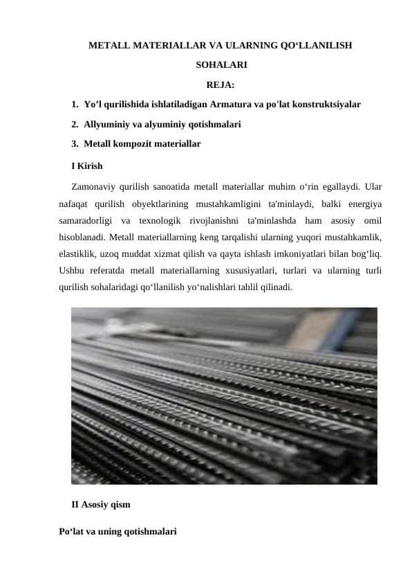 Metal materiallar va ularning qo'llanilishi