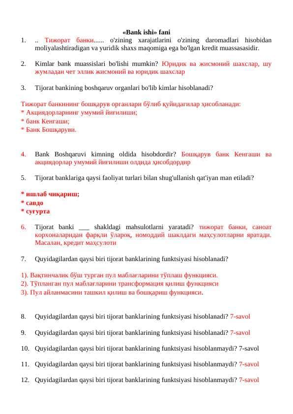 Bank ishidan yakuniy test savollari va javoblari