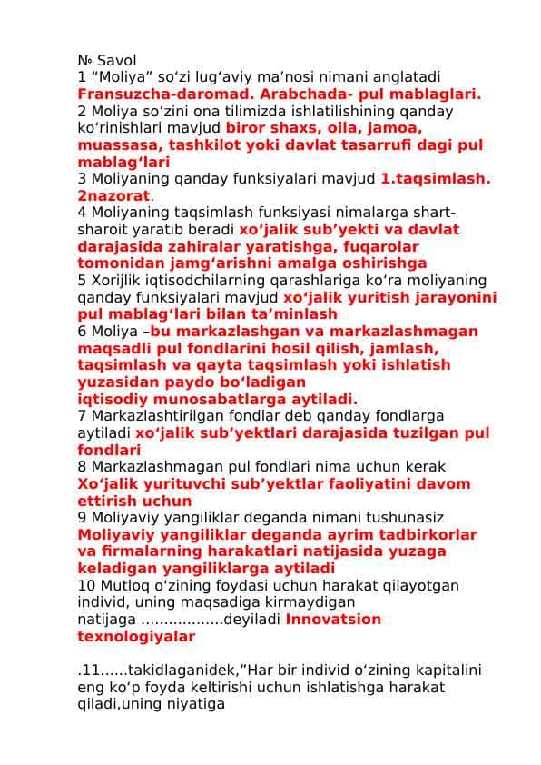Moliya yakuniy test savollari va javoblari bilan