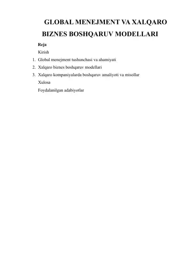 GLOBAL MENEJMENT VA XALQARO BIZNES BOSHQARUV MODELLARI