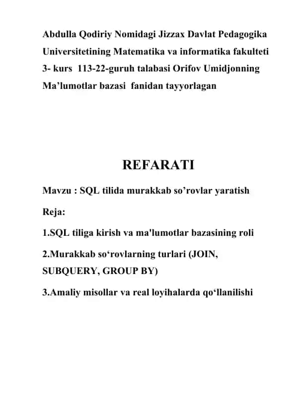Ma'lumotlar bazasi fanidan SQL tilida murakkab so’rovlar yaratish