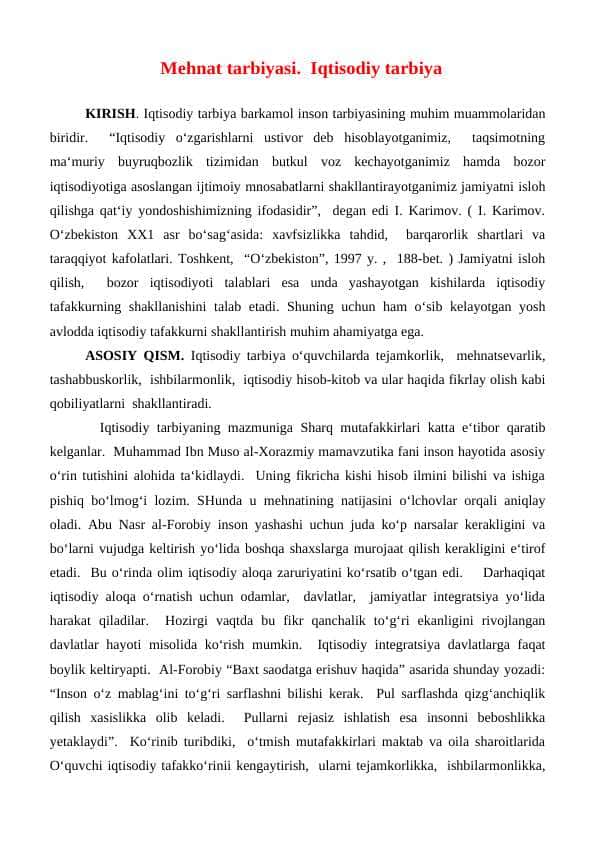 Mehnat tarbiyasi. Iqtisodiy tarbiya