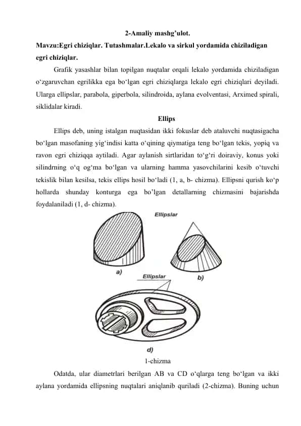 Egri chiziqlar. Tutashmalar.Lekalo va sirkul yordamida chiziladigan egri chiziqlar.