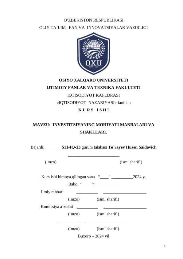 INVESTITSIYANING MOHIYATI MANBALARI VA SHAKLLARI.