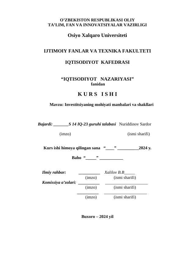 : Investitsiyaning mohiyati manbalari va shakllari