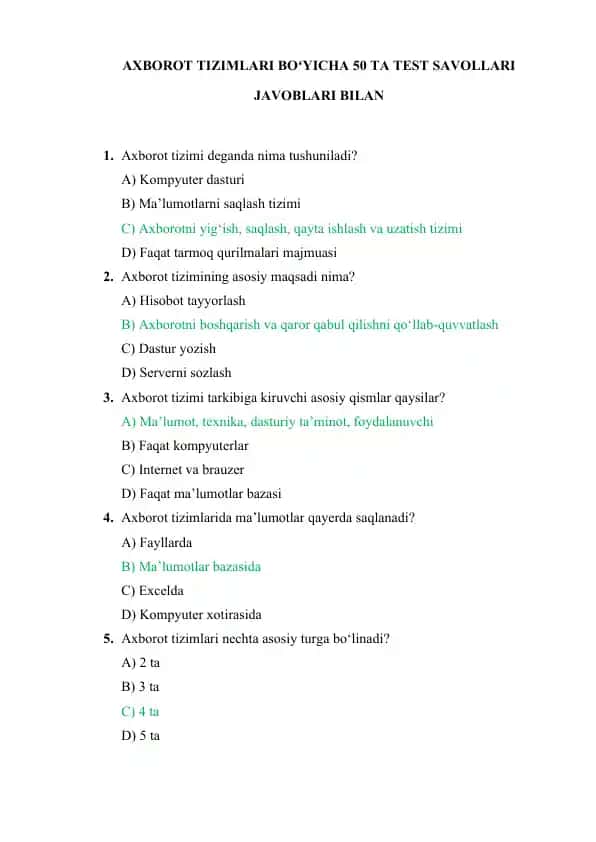 AXBOROT TIZIMLARI BOʻYICHA 50 TA TEST SAVOLLARI JAVOBLARI BILAN