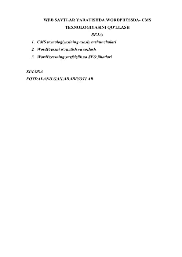 WEB SAYTLAR YARATISHDA WORDPRESSDA- CMS TEXNOLOGIYASINI QO'LLASH
