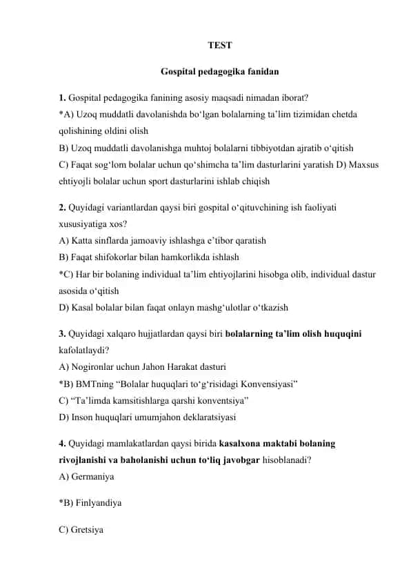 Gospital pedagogika fanidan test