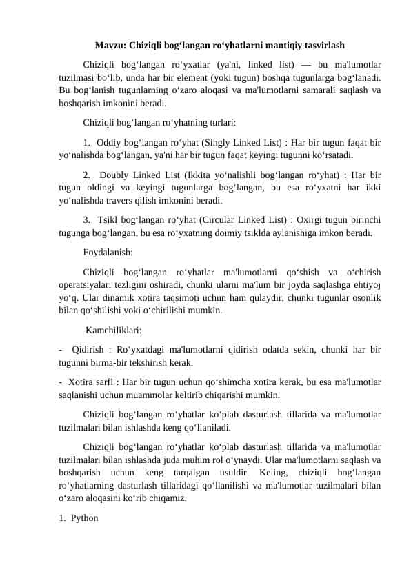 Chiziqli bog‘langan ro‘yhatlarni mantiqiy tasvirlash