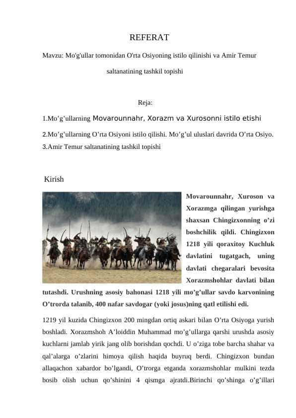 Mo'g'ullar tomonidan O'rta Osiyoning istilo qilinishi va Amir saltanatining tashkil topishi