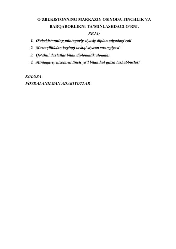 O‘ZBEKISTONNING MARKAZIY OSIYODA TINCHLIK VA BARQARORLIKNI TA’MINLASHDAGI O‘RNI.