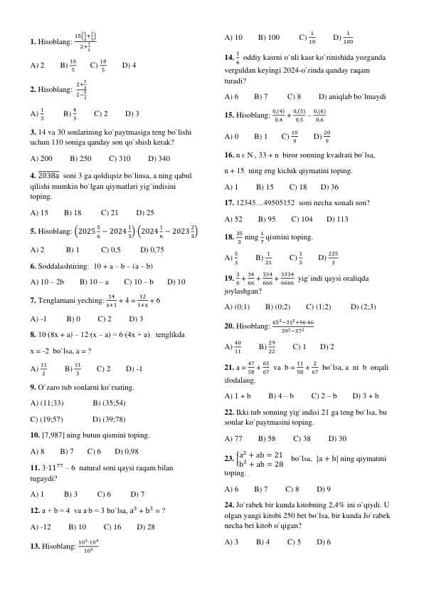 Matematikadan test