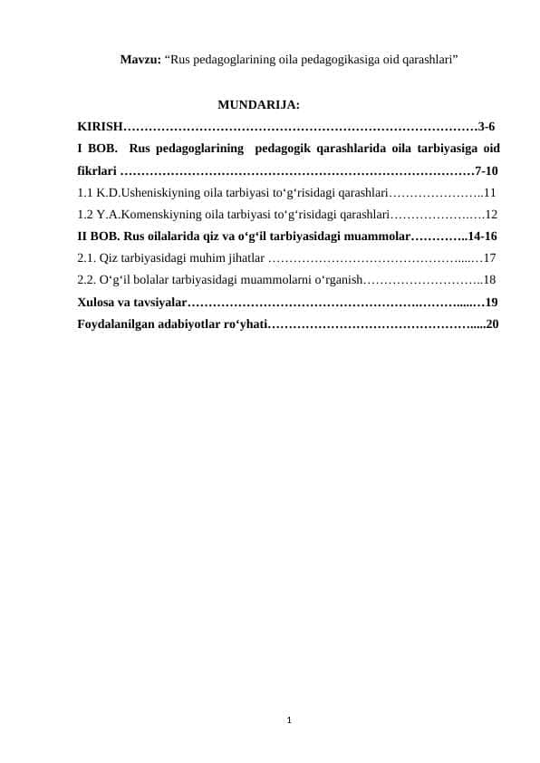 Rus pedagoglarining oila pedagogikasiga oid qarashlari