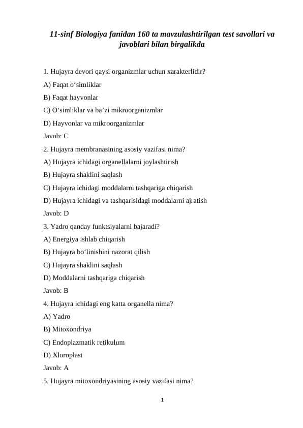 11-sinf Biologiya fanidan 160 ta mavzulashtirilgan test savollari va javoblari bilan birgalikda