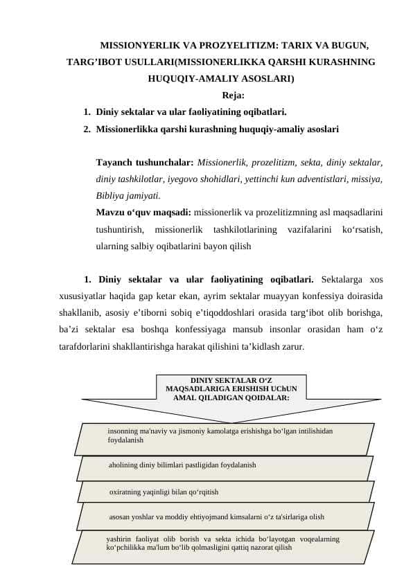 MISSIONERLIK VA PROZELITIZM: TARIX VA BUGUN, TARG’IBOT USULLARI(MISSIONERLIKKA QARSHI KURASHNING HUQUQIY-AMALIY ASOSLARI)