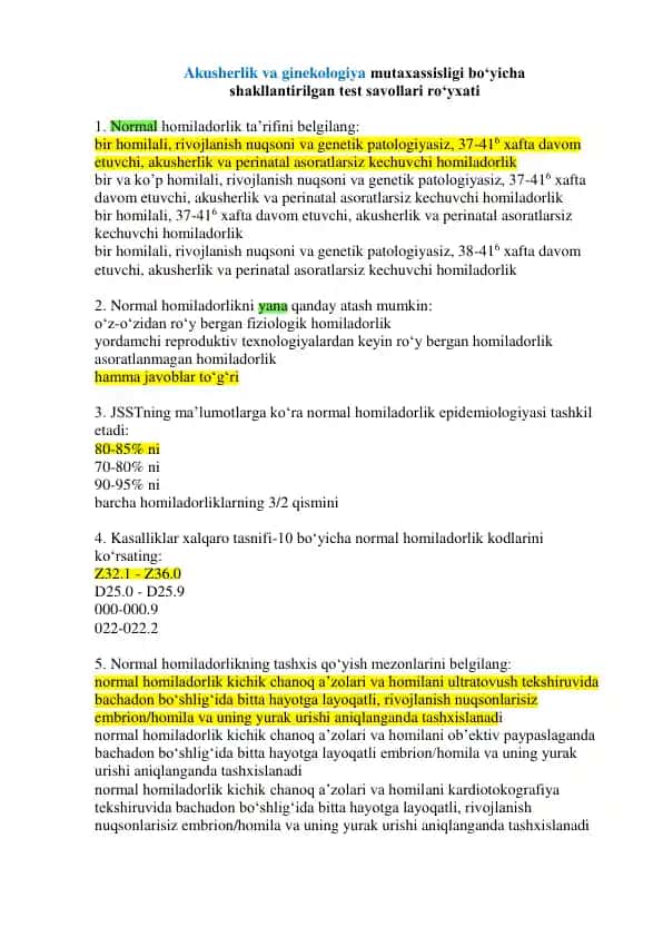Oilaviy shifokorlar uchun Akusherlik va ginekologiya yo'nalishidan Medtoifa testi To'liq javobli holatda