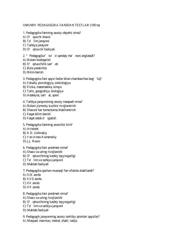 UMUMIY PEDAGOGIKA FANIDAN TESTLAR (100 ta)