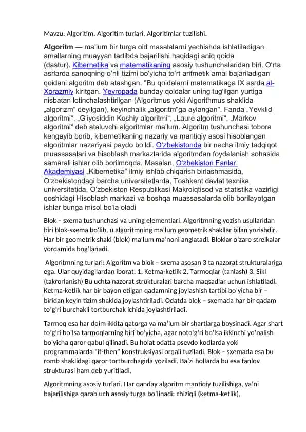 Algoritim. Algoritim turlari. Algoritimlar tuzilishi.