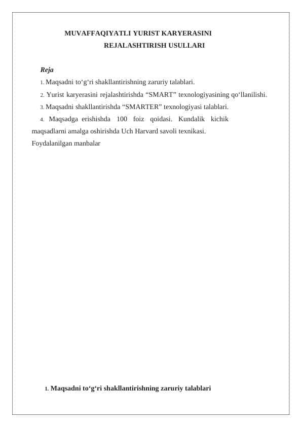 MUVAFFAQIYATLI YURIST KARYERASINI rejalashtirish usullari