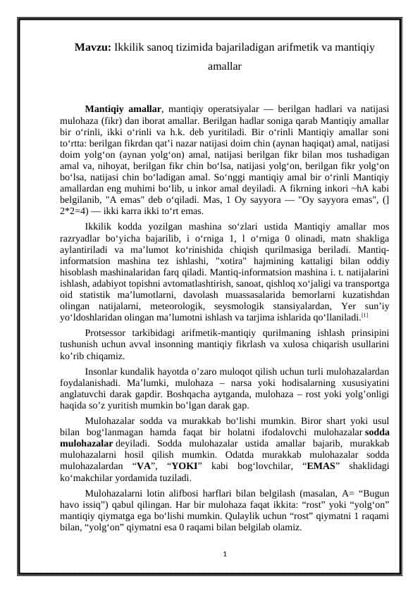 Ikkilik sanoq tizimida bajariladigan arifmetik va mantiqiy amallar