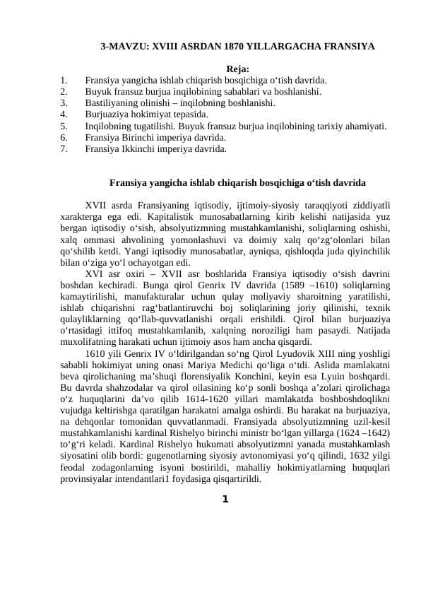 XVIII ASRDAN 1870 YILLARGACHA FRANSIYA