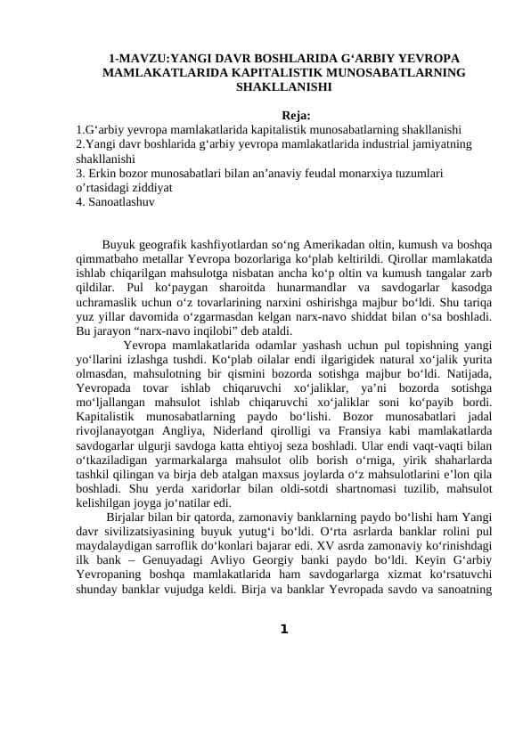 YANGI DAVR BOSHLARIDA G‘ARBIY YEVROPA MAMLAKATLARIDA KAPITALISTIK MUNOSABATLARNING SHAKLLANISHI