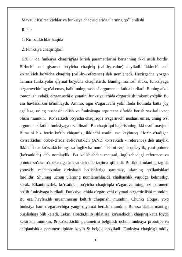Ko`rsatkichlar va funksiya chaqiriqlarida ularning qo`llanilishi