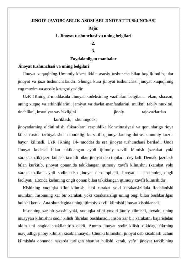 JINOIY JAVOBGARLIK ASOSLARI JINOYAT TUShUNChASI