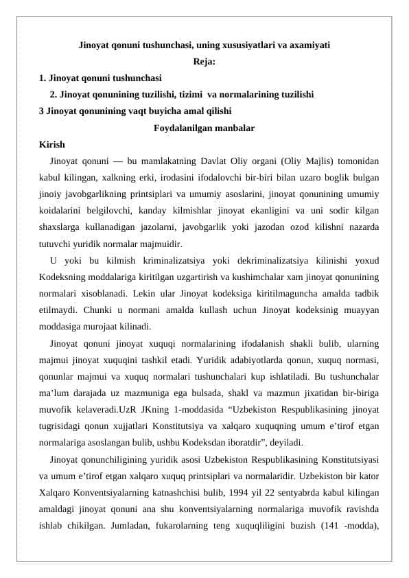 Jinoyat qonuni tushunchasi, uning xususiyatlari va axamiyati 24