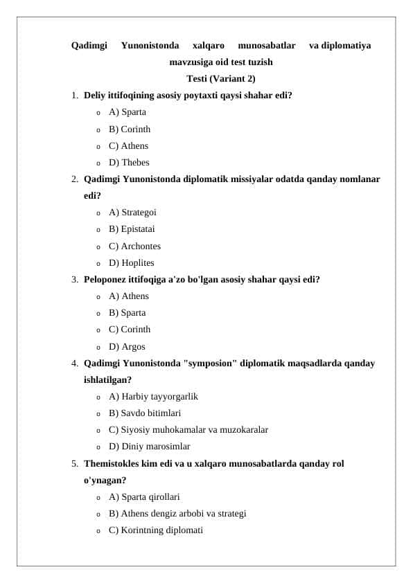 Qadimgi Yunonistonda xalqaro munosabatlar va diplomatiya mavzusiga oid test tuzish variant 2