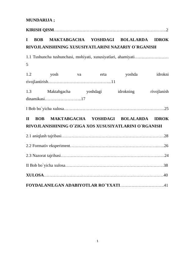 MAKTABGACHA YOSHDAGI BOLALARDA IDROK RIVOJLANISHINING XUSUSIYATLARINI NAZARIY O`RGANISH