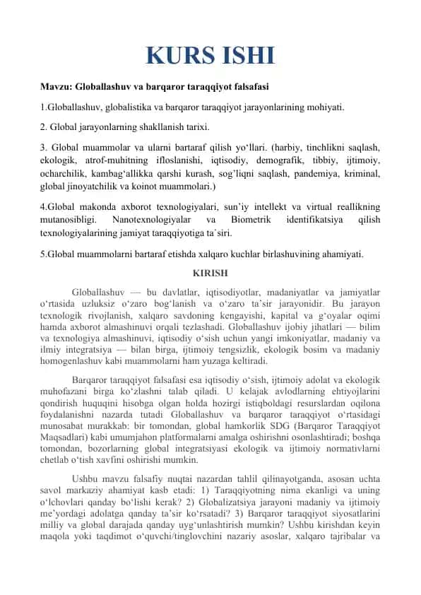 Globallashuv va barqaror taraqqiyot falsafasi