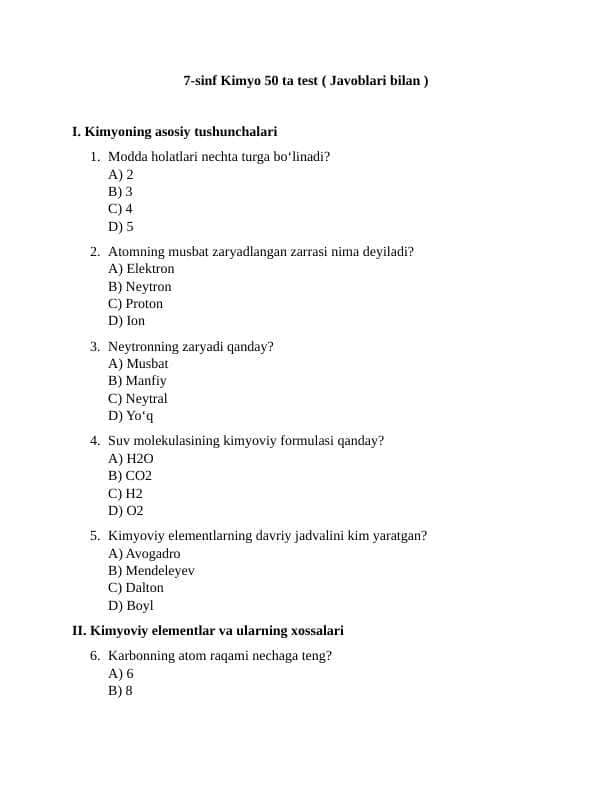 7-sinf Kimyo 50 ta test ( Javoblari bilan )