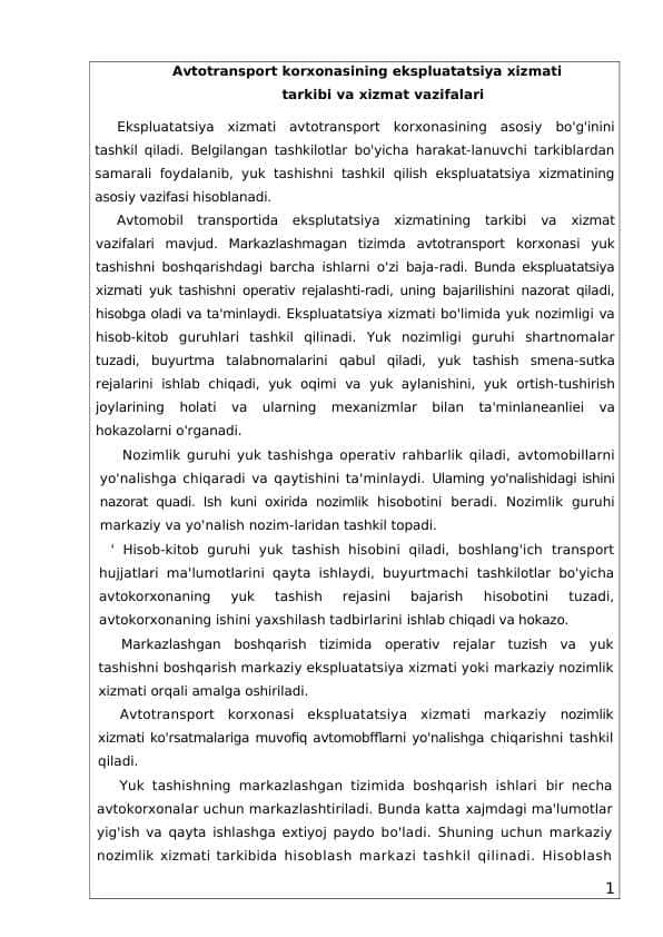 Avtotransport korxonasining ekspluatatsiya xizmati tarkibi va xizmat vazifalari
