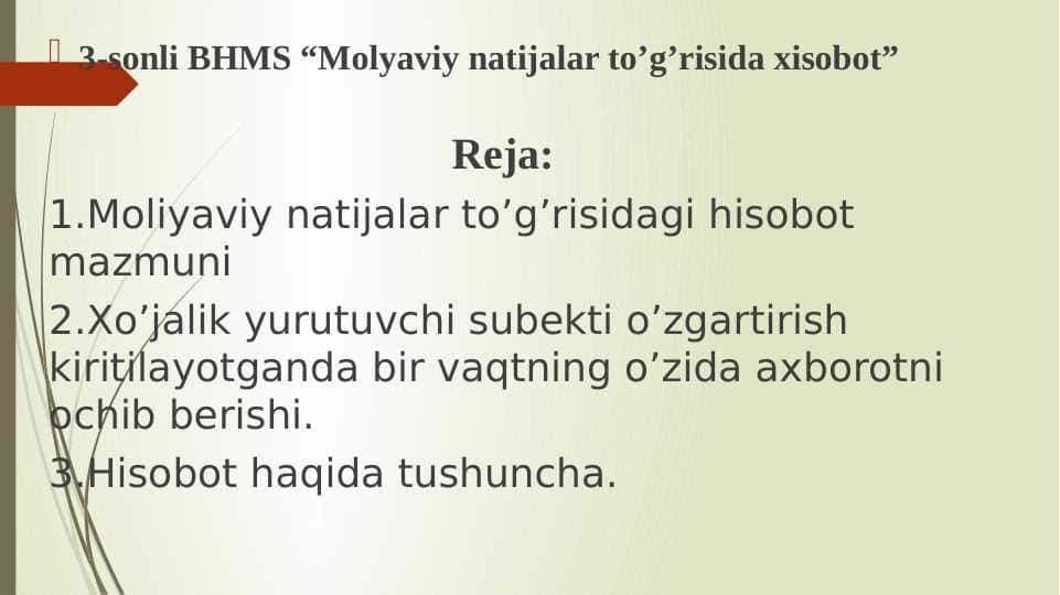 Molyaviy natijalar to’g’risida xisobot