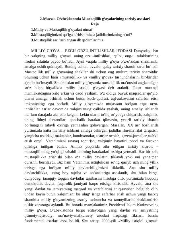 O‘zbekistonda Mustaqillik g’oyalarining tarixiy asoslari