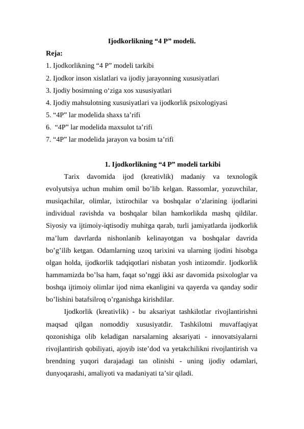 Ijodkorlikning 4P modeli.