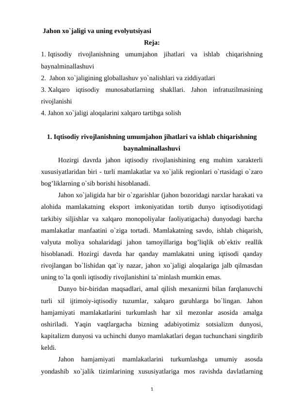Jahon xo'jaligi va uning evolyutsiyasi