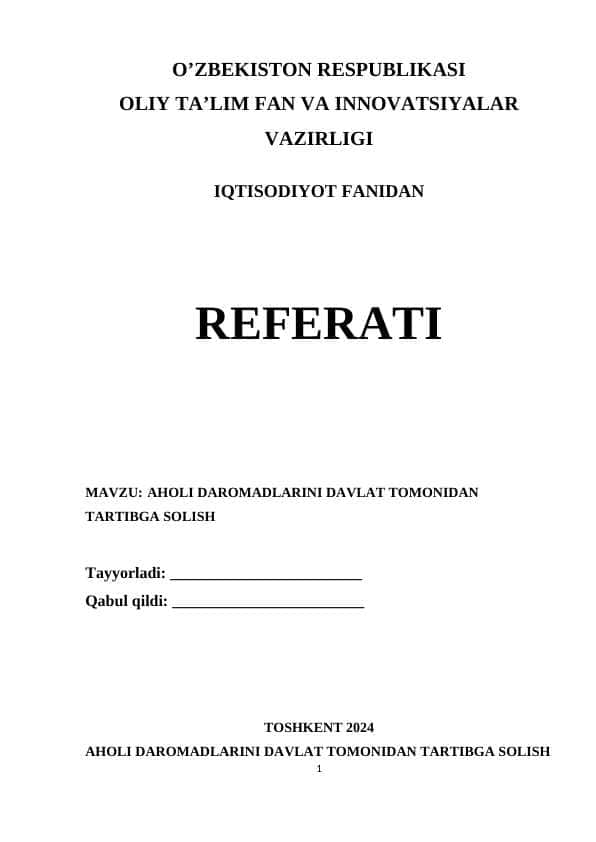 АHОLI DАRОMАDLАRINI DАVLАT TОMОNIDАN TАRTIBGА SОLISH