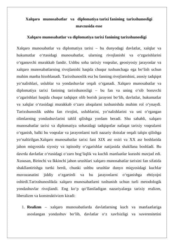 Xalqaro munosabatlar va diplomatiya tarixi fanining tarixshunosligi mavzusida esse 24