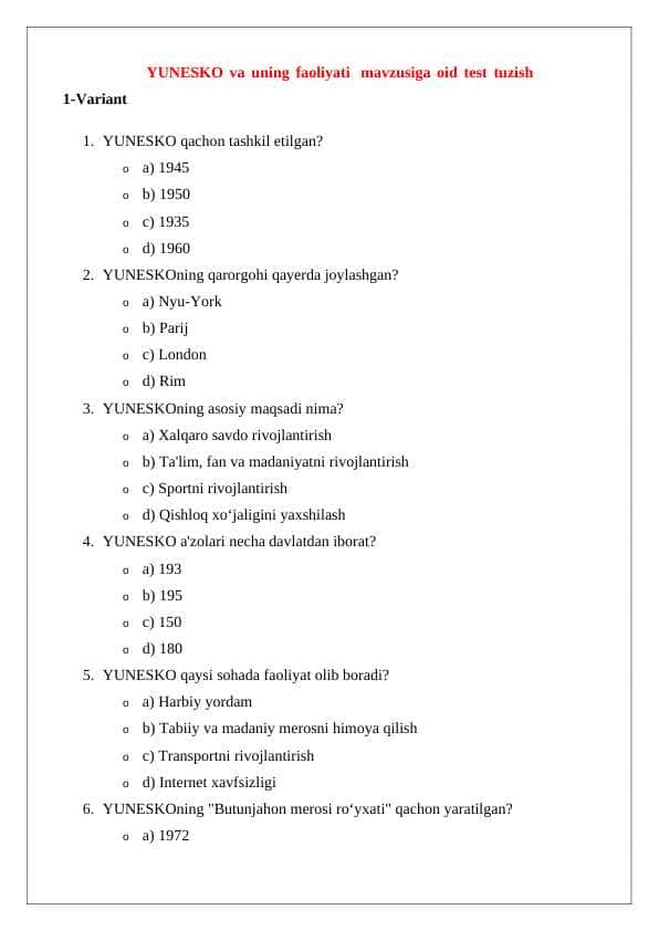 YUNESKO va uning faoliyati mavzusiga oid test tuzish 24