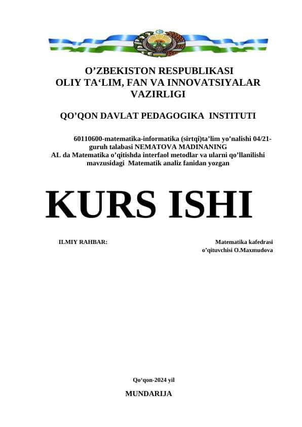 AL da Matematika o’qitishda interfaol metodlar va ularni qo’llanilishi mavzusidagi