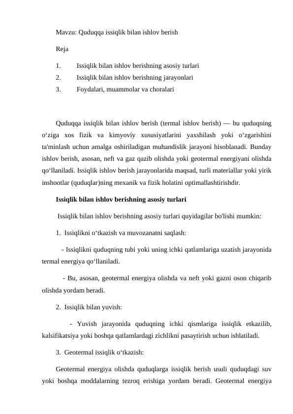 Quduqqa issiqlik bilan ishlov berish
