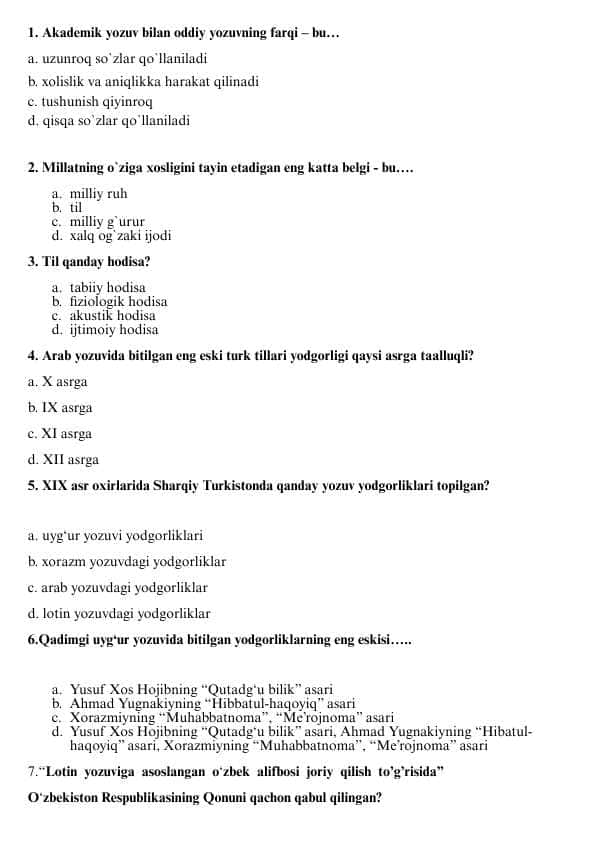 Ona tili. Testlar.