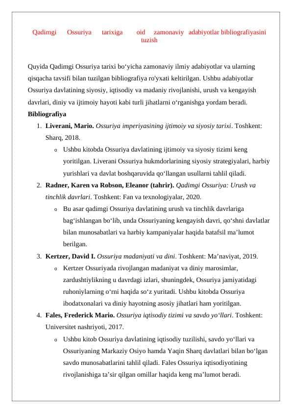 Qadimgi ossuriya tarixiga oid zamonaviy adabiyotlar bibliografiyasini tuzish 24