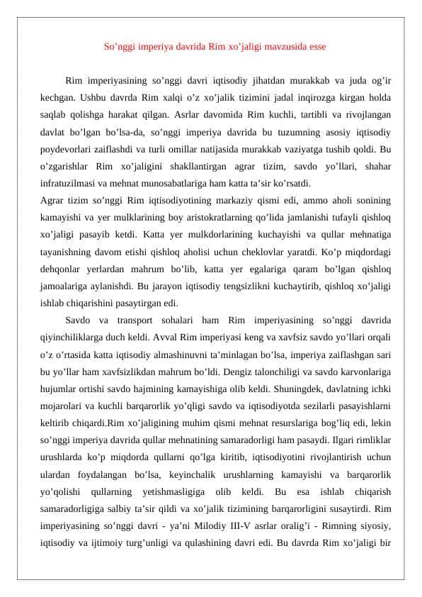 So’nggi impеriya davrida Rim xo’jaligi mavzusida esse 24