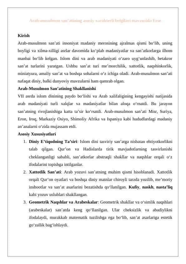 Arab-musulmon san’atining asosiy xarakterli belgilari mavzusida Esse 24
