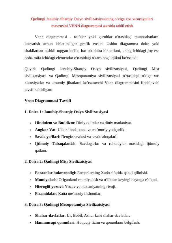 Qadimgi Janubiy-Sharqiy Osiyo sivilizatsiyasining o‘ziga xos xususiyatlari mavzusini VENN diagrammasi asosida tahlil etish 24