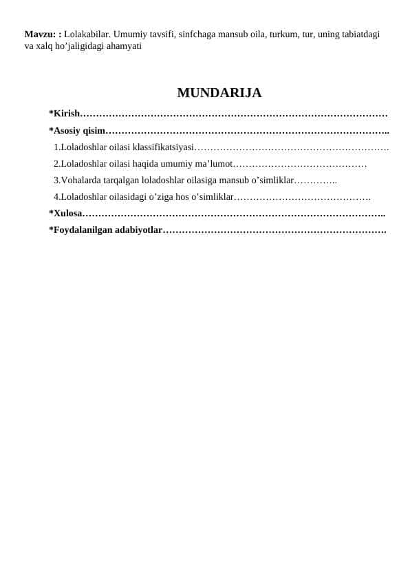 Lolakabilar. Umumiy tavsifi, sinfchaga mansub oila, turkum, tur, uning tabiatdagi va xalq ho’jaligidagi ahamyati